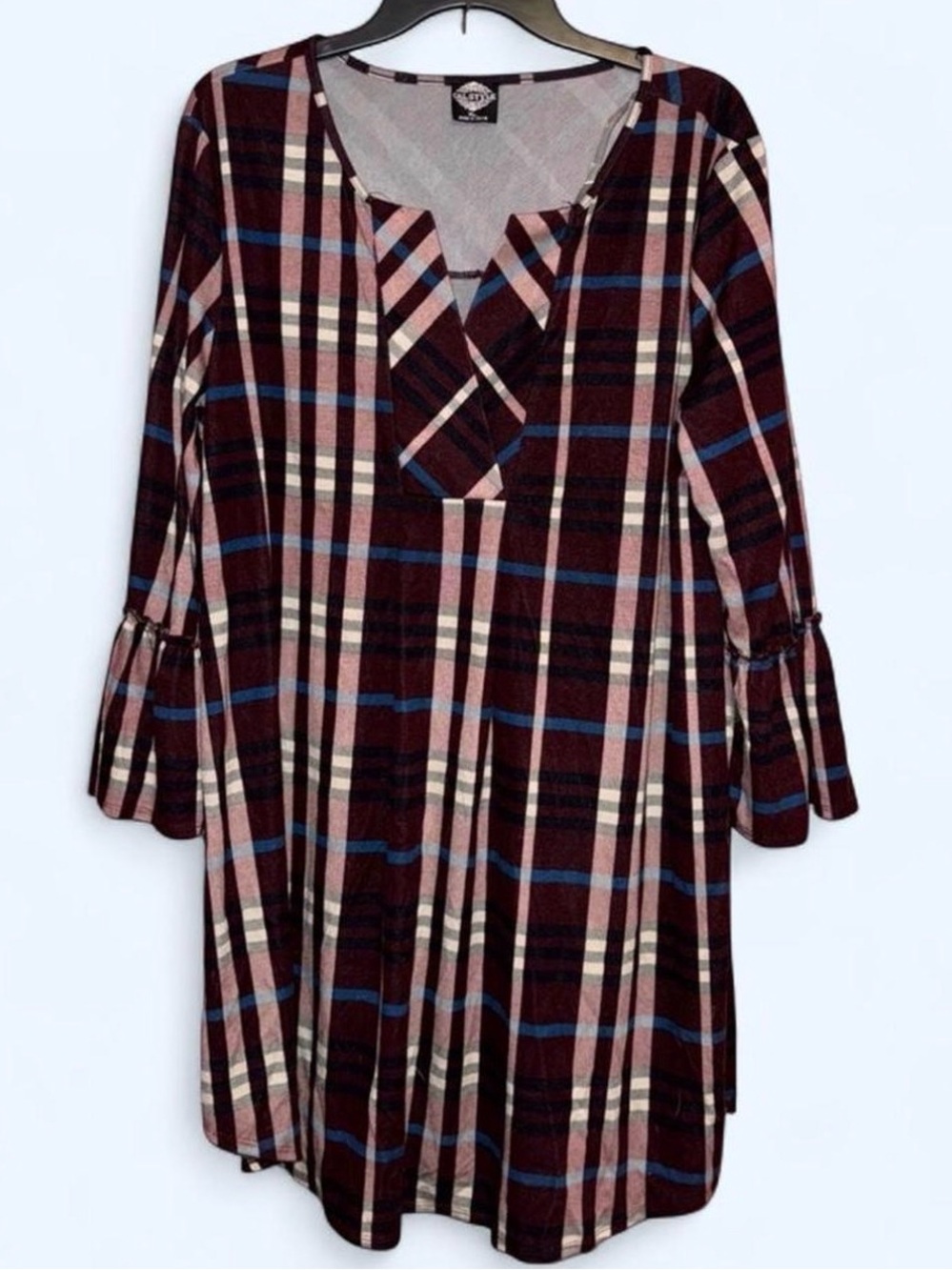 Alstyle Burgundy and Blue V-Neck Bell Sleeve Dress